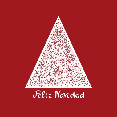 İspanyolca Mutlu Noeller. - Evet. Noel ağacı, el çizimi süslemeli çiçek, yaprak ve kar taneleri desenleri.