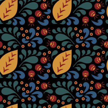 Siyah bir arka planda kıvırcık, sarmal ve dut gibi pürüzsüz desenler. Etnik süs, çiçek dekoru.