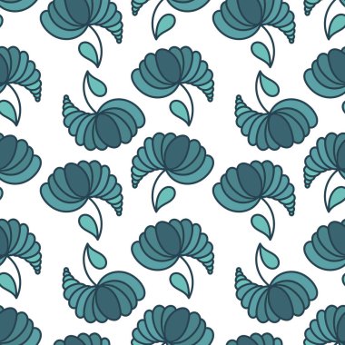 Beyaz arka planda deniz yeşili çiçekler, el çizimi. Vektörsüz arkaplan