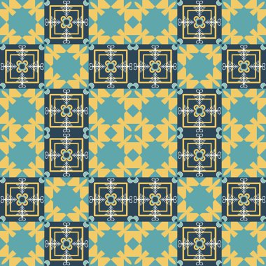 Geometrik soyut, dikişsiz vektör deseni. Dekoratif yüzey arka planı. Mozaik fayanslar, stilize edilmiş etnik semboller, halk baskısı.