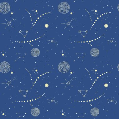 Kainatın görüntüsüyle el çizimi kusursuz desen. Galaksilerin, gezegenlerin, yıldızların kozmik takımyıldızı. Astronomik arkaplan, yıldızlı gökyüzü .