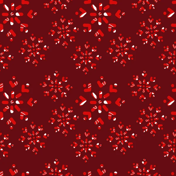 Doodle copos de nieve sobre fondo rojo. Dibujado a mano Vector patrón sin costura, tema de vacaciones de invierno — Vector de stock