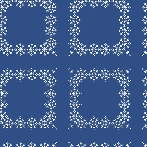 Marco cuadrado hecho de copos de nieve. sobre fondo azul. Dibujado a mano Vector patrón sin costura, tema de vacaciones de invierno . — Archivo Imágenes Vectoriales