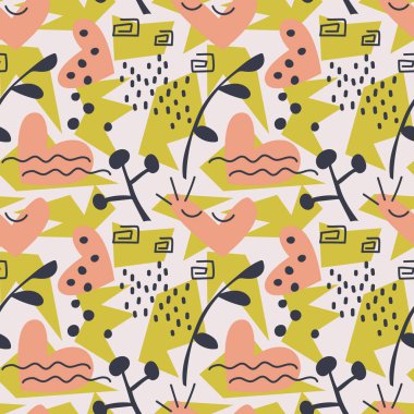 Kalpler, geometrik şekiller, gözler ve Doodle elementleriyle el çizimi kusursuz desen. Vektör illüstrasyonu .