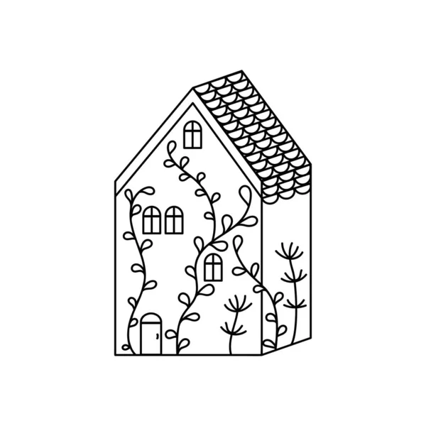 Casa mágica Doodle dibujada a mano decorada con adornos florales. Ilustración vectorial del arte zen. Páginas para colorear para niños o adultos — Vector de stock