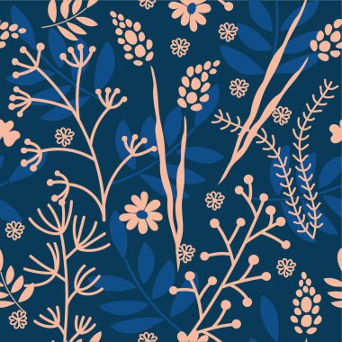 Dikişsiz çiçek arka plan . Kumaş, dijital kağıt için mavi arka plan üzerinde el çizilmiş vintage desen.