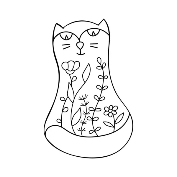 Lindo gato y flores. Al estilo Doodle. Libro para colorear, página para adultos y escolares. Ilustración vectorial aislada sobre fondo blanco — Archivo Imágenes Vectoriales