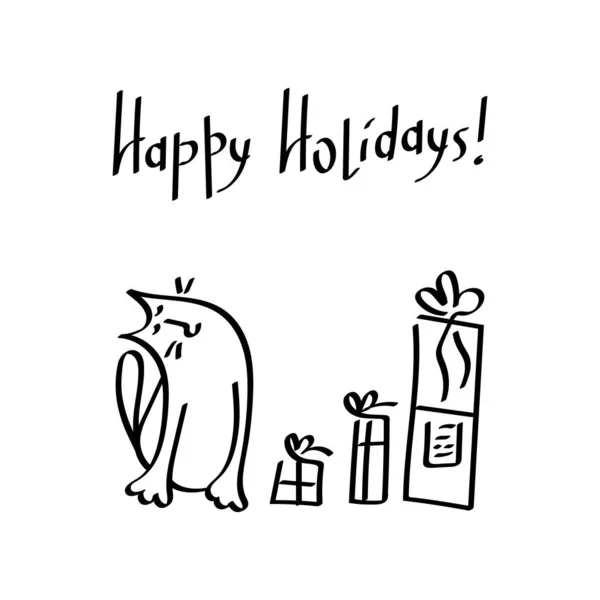 Roztomilé kočičí a dárkové krabice. Karikatura ve stylu Doodle. Veselá dovolená, ručně psaný nápis, vektorová ilustrace, černá a bílá — Stockový vektor