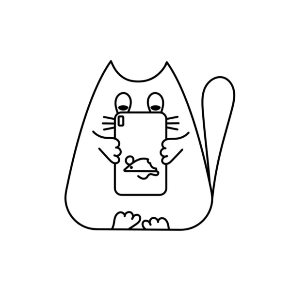 Gato lindo dibujado a mano con un teléfono inteligente. Personaje del gatito Aislado sobre fondo blanco. Estilo de línea. Ilustración vectorial . — Archivo Imágenes Vectoriales