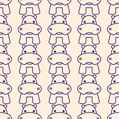 Şirin hipopotamlar, çocuk kumaşı, kağıt, telefon kılıfı, kırtasiye malzemesi ve diğer yüzeyler için vektörsüz desen. Afrika suaygırının stilize edilmiş silueti, özet tarzı.