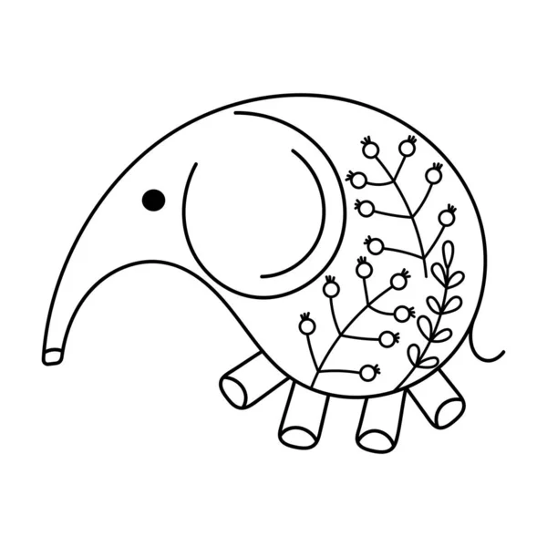 Pages à colorier bébé éléphant dessinées à la main. Motif floral. Livre à colorier pour enfants. Fond noir et blanc . — Image vectorielle