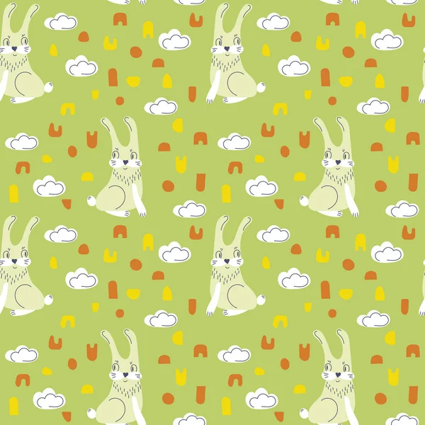 緑の背景にかわいいウサギ。ベクトルシームレスなパターン、布や他の表面の手描きベクトルイラスト — ストックベクタ