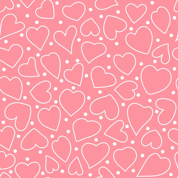 ハート型とポルカドット。ベクトルハンドは、バレンタインデーシームレスなパターンを描いた。ピンクの背景に白い輪郭要素 — ストックベクタ