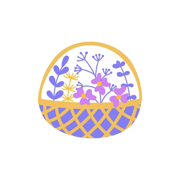 Cesta de mimbre vectorial con flores y plantas. Estilo de dibujo plano. Color púrpura, amarillo, azul. Mano dibujada. Amarillo, colores azules — Vector de stock