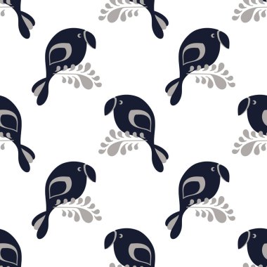 Tropikal kuşların egzotik bitkilerin dallarında oturduğu kusursuz bir şekil. Mavi ve gri renkler