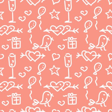 Karalama el çizimi, kusursuz desen, tatil teması. Kalpler, oklar, hediyeler, küçük kuşlar, balonlar ve diğer elementler. Çizgi Karalama çizimi.