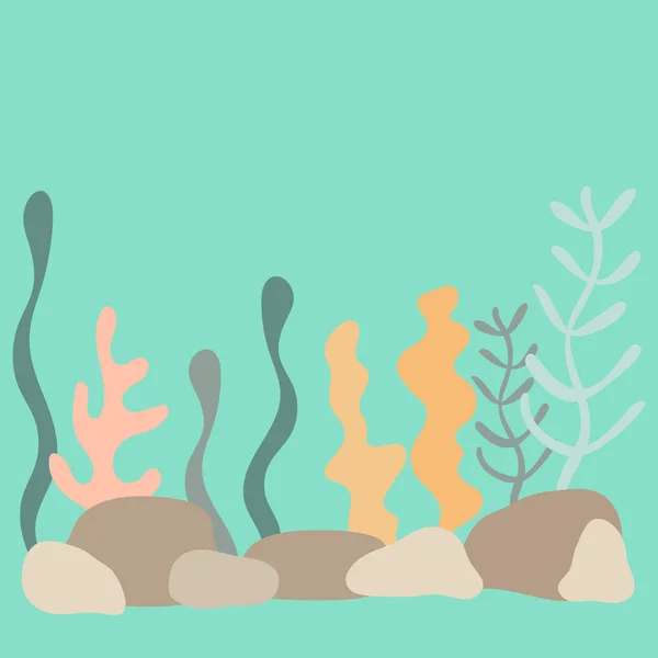 水中世界、海藻と風景。植物のシルエットをフラットな漫画風に表現しています手描きベクトルイラスト — ストックベクタ