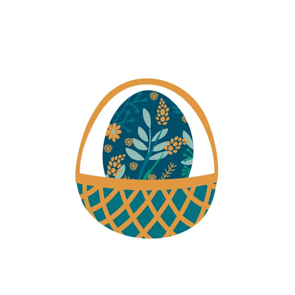 Handgezeichnete dekorative Ostereier im Korb. Ei mit Blüten und Blättern bemalt, florales Muster. Vektor-Illustration isoliert auf weißem Hintergrund — Stockvektor