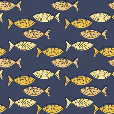 Elle çizilmiş balıklarla kusursuz desen, karalama tarzı. Siluetler ve hatlar, mavi arkaplanda vektör çizimi