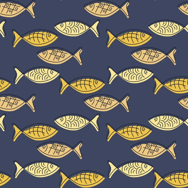 Patrón sin costuras con peces dibujados a mano, estilo garabato. Siluetas y contornos, ilustración vectorial sobre fondo azul — Vector de stock