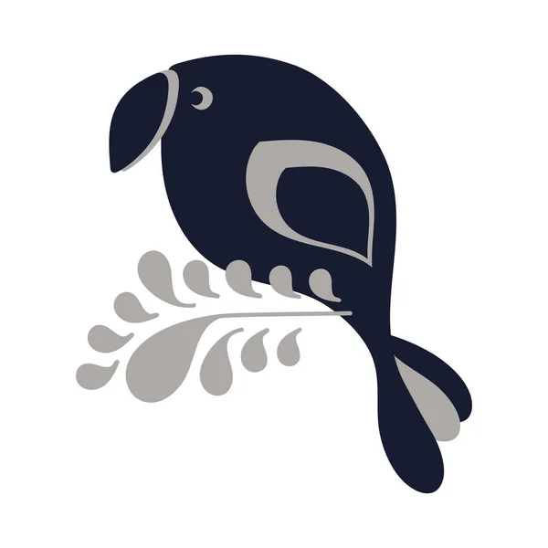 Тропічний птах, що сидить на гілці, стилізований малюнок рук, ізольований на білому тлі. Синьо-сірі кольори — стоковий вектор