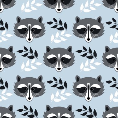 Kusursuz bir altyapısı ve düz grafikleri olan sevimli bir rakun. Çizgi film stili, yapraklı el yapımı dallar ve mavi arka planda hayvan ağızlık. .