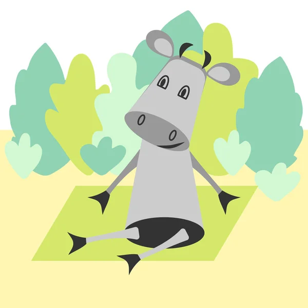 Vaca engraçada dos desenhos animados fazendo ioga em uma clareira na floresta. Desenho de mão vetorial . —  Vetores de Stock