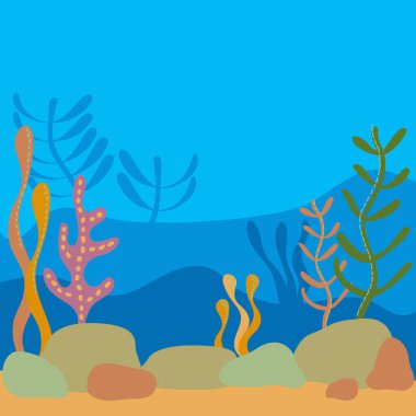 Çok katmanlı sualtı dünyası, yosunlu manzara. Bitkilerin silueti düz çizgi film tarzında..