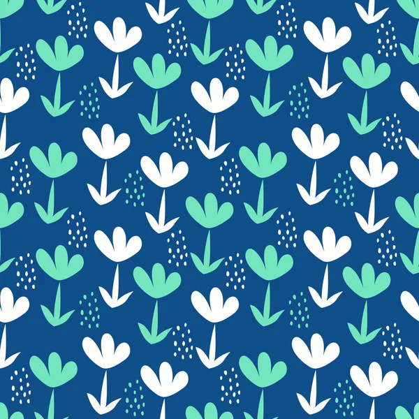 Patrón sin costura floral. Texturas vectoriales. Flores simples de color blanco y menta sobre un fondo azul clásico. Tres colores — Archivo Imágenes Vectoriales