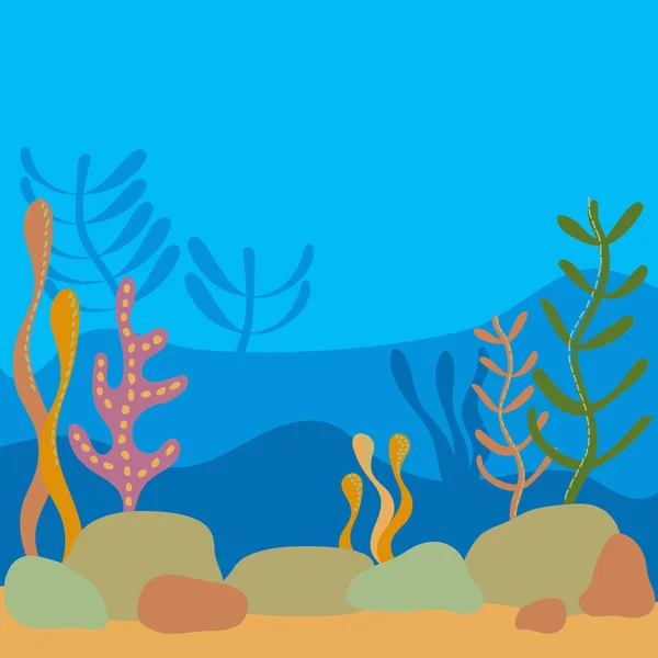 Mondo subacqueo multistrato, paesaggio con alghe marine. la silhouette delle piante in stile fumetto piatto . — Vettoriale Stock