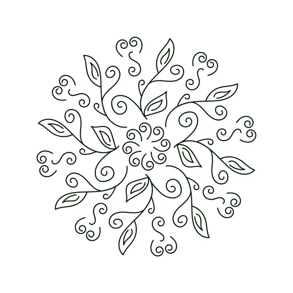 Векторна мандала, намальована вручну ілюстрація, чорно-білий, круглий квітковий орнамент, листя та елементи Doodle — стоковий вектор