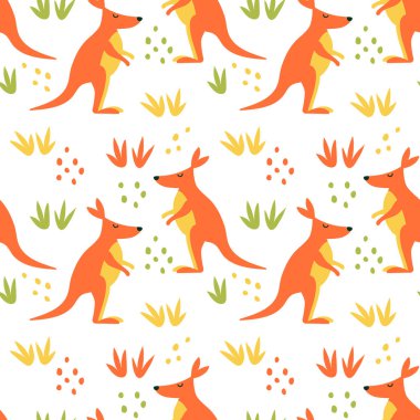 Seamless vector pattern. Cute Kangaroo or Wallaby, flowers and doodle elements. Hand drawn background clipart