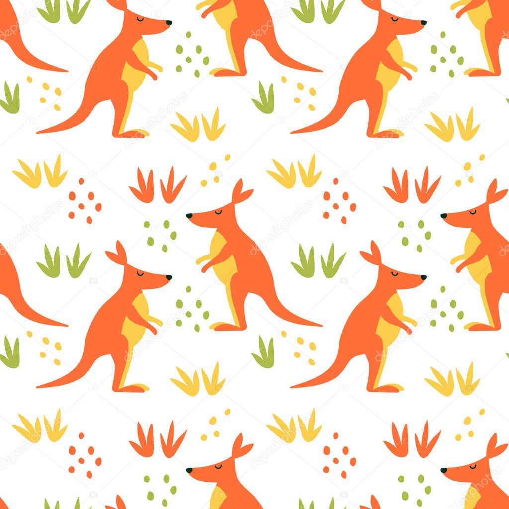 Seamless vector pattern. Cute Kangaroo or Wallaby, flowers and doodle elements. Hand drawn background