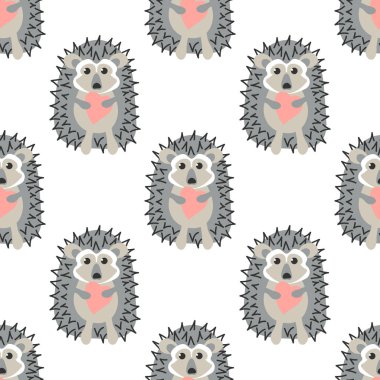 Pembe bir kalp tutan şirin kirpi desenli bebek. Çocuksu El çizilmiş vektör arkaplanı .