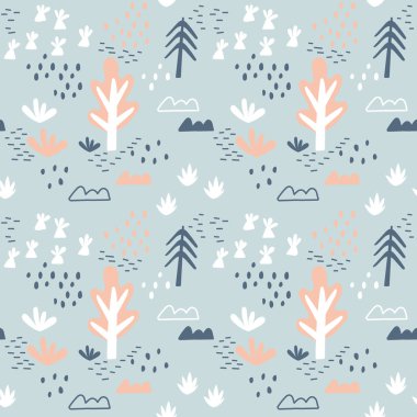 Ağaçlar ve diğer bitkilerle kusursuz bebek deseni, Doodle elementleri. El çizimi vektör arka plan. Pembe, mavi, cyan ve beyaz renkler.