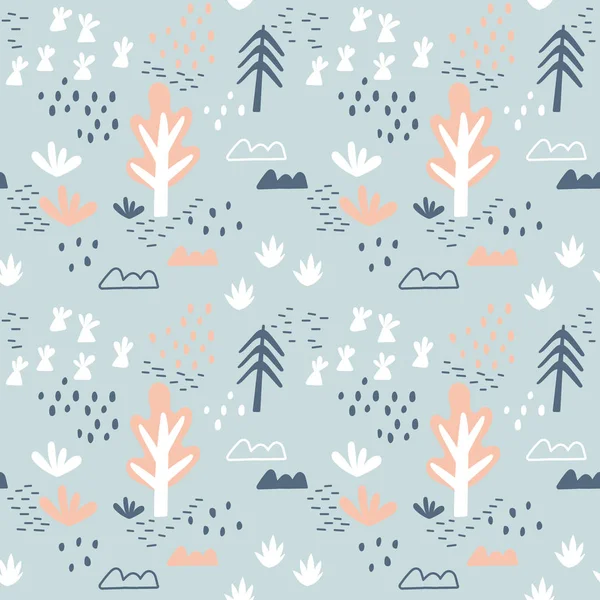 Seamless baby pattern with trees and other plants, Doodle elements. Hand drawn vector background. Pink, blue, cyan and white colors. — Stock Vector