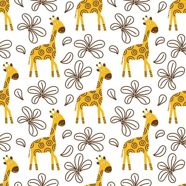 Padrão sem costura com girafas de coloração bonito e contornos de flores em um fundo branco . — Vetor de Stock