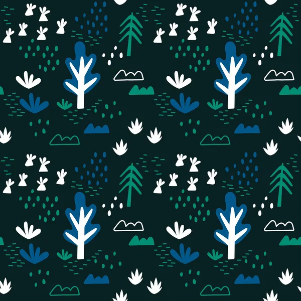 Seamless baby pattern with trees and other plants, Doodle elements. Hand drawn vector background. Great for fabric, textile . — Stock Vector