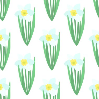 Kusursuz desen. Yeşil yapraklı beyaz Narcissus çiçeği. Bahar çiçekleri. El çizimi botanik vektörü. Nergis çiçeği