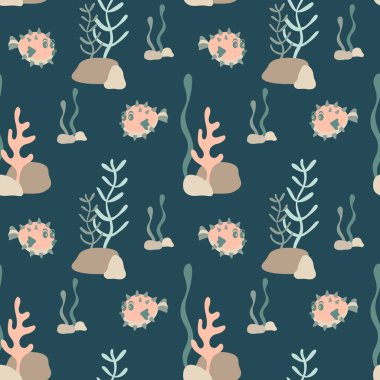 Su altı yaşamı, balık ve algler. El çizimi renk vektörü pürüzsüz desen. Beyaz arka planda turuncu tonlar. Bir dairenin karikatür çizimi.