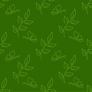 Kusursuz desen. Yapraklı bir şubenin ana hatları, yeşil arka planda sevimli güve vektör çizimi.