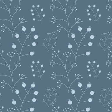 Mavi üzerinde böğürtlen olan beyaz dallı vektör botanik arkaplan. Kumaş, duvar kağıdı, kırtasiye, yatak örtüsü için dekoratif doku