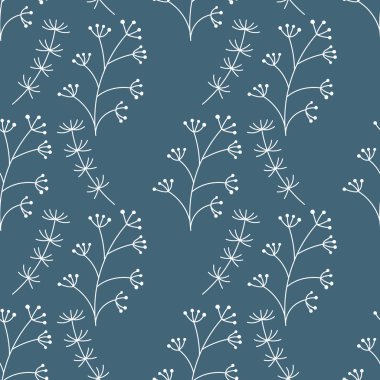 Mavi üzerinde böğürtlen olan beyaz dallı vektör botanik arkaplan. Kumaş, duvar kağıdı, kırtasiye, yatak örtüsü için dekoratif doku