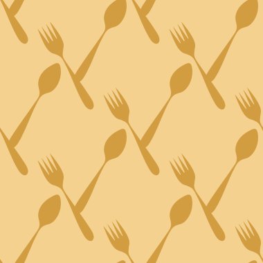 Yemek pişirme ve restoranların temasında kusursuz desenler var. Çatal bıçak takımı, mutfak aletleri. Düz masa örtüleri, peçeteler, duvar kağıtları ve diğer yüzeyler. Vektör illüstrasyonu