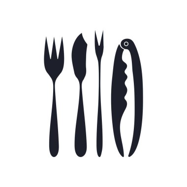 Special Cutlery for Seafood. Silhouette of Cocktail fork, Coquille, fish knife, tongs. Boiled prawns - on forks. Hand drawn illustration isolated on white background. Vector set clipart