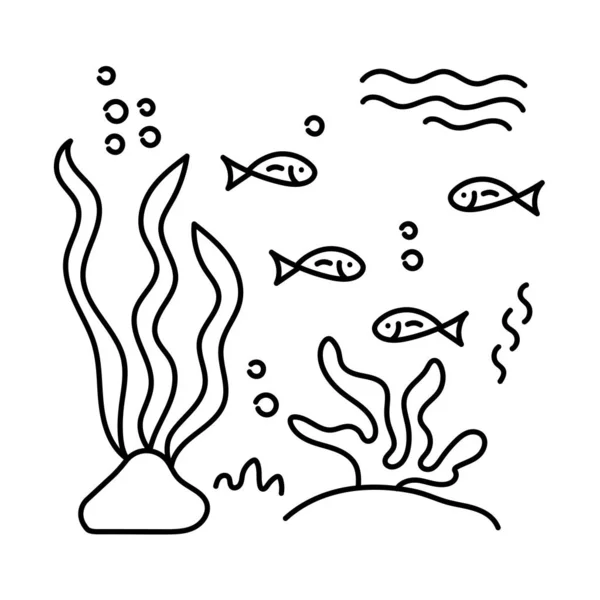 Colorings. habitantes subaquáticos e algas, livro de colorir. Peixe e plantas. Doodle de animais marinhos e plantas isoladas em um fundo branco. Desenho anti-stress para adultos, crianças —  Vetores de Stock