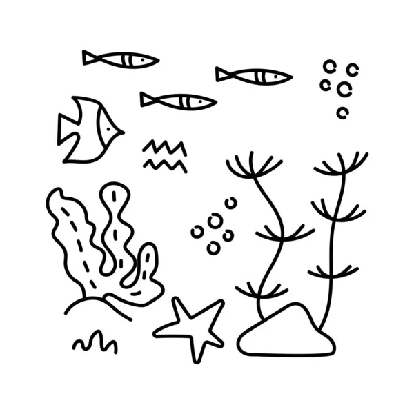 Colorantes. Habitantes submarinos y algas, libro para colorear. Peces y plantas. Doodle de animales marinos y plantas aisladas sobre un fondo blanco. Dibujo antiestrés para adultos, niños — Vector de stock
