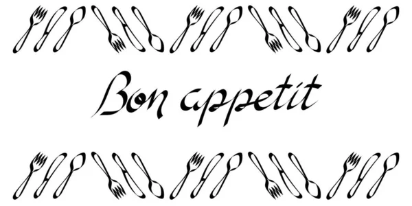Bon appetit, ručně psaná fráze. Rámeček příborů. Vektorová ilustrace, kaligrafie — Stockový vektor