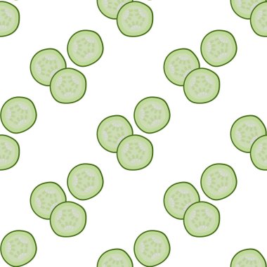 Salatalık dilimlerinin kusursuz arka planı. Sağlıklı yemek. Yemek pişirmek. Sebze salatası için malzemeler. Vektör