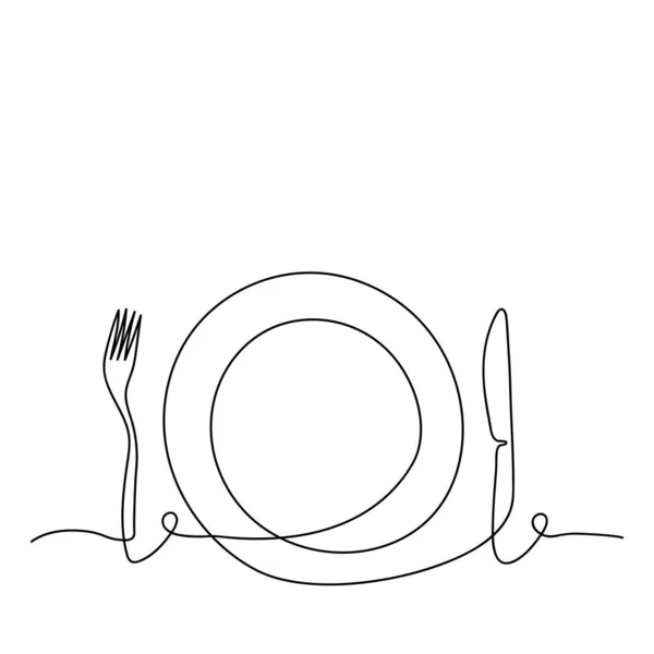 Arte de línea continua. Contour Cutlery Background. Utensilios de cocina. Dibujo de una línea. Placa, tenedor y cuchillo. Ilustración vectorial — Archivo Imágenes Vectoriales